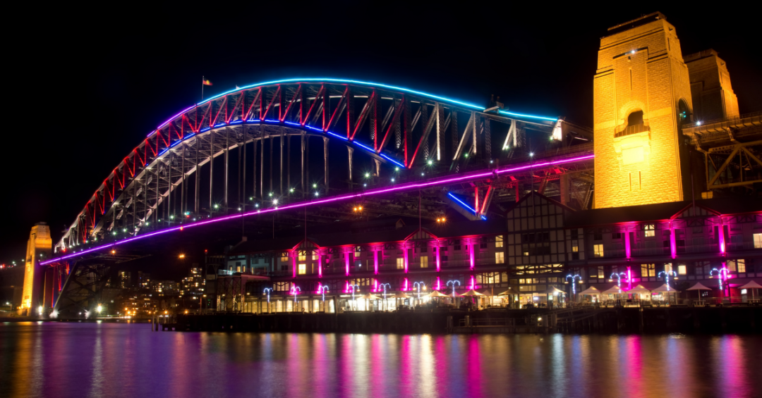 Lights reflecting on Sydney Harbour Bridge for Vivid Sydney